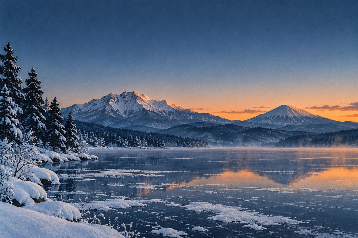 冬日清晨的野尻湖与远处雪山（插画）